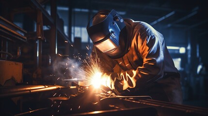 Welder wearing industrial uniform and welding iron mask in steel welding factory