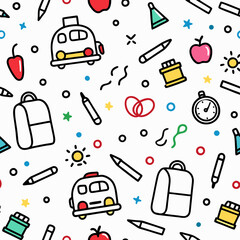 Seamless pattern with school bus, backpack, pencils, apples, and party elements.