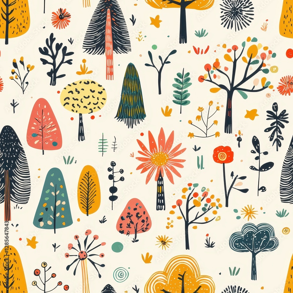 Poster lush green pattern featuring various trees and plants creating a harmonious natural landscape design