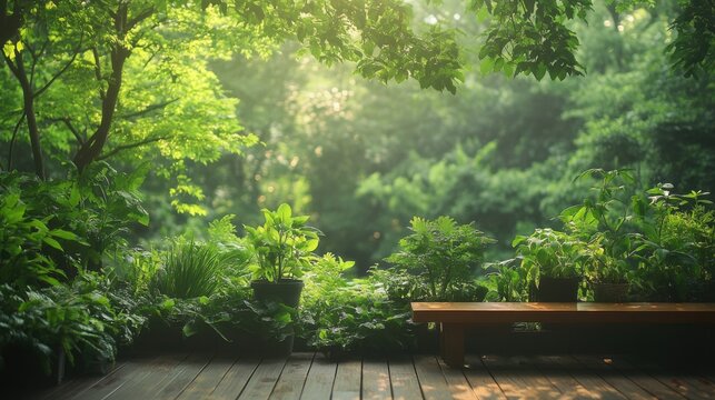 Urban gardening moments. Wooden Bench in a Lush Green Garden Bathed in Sunlight