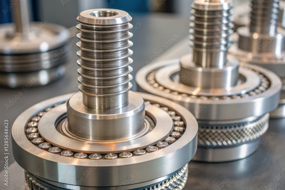 Poster close-up of precision-engineered components featuring metallic parts with threaded shafts and ball b