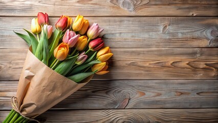 A vibrant bouquet of spring tulips, elegantly arranged in rustic kraft paper, rests on a weathered wood surface, a charming image ideal for seasonal greetings or springtime celebrations.