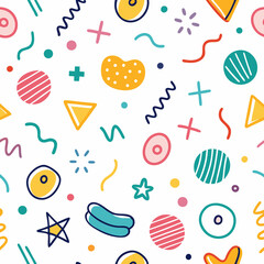 Colorful geometric shapes and doodles seamless pattern.