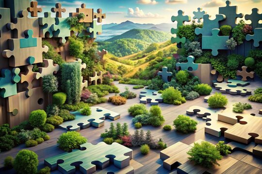 Serene Landscape Composed of Interlocking Puzzle Pieces Forming a Lush, Vibrant Garden Pathway Leading to a Distant Mountain Range
