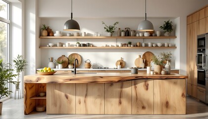 Sunlit Modern Kitchen: Rustic Wood Island, Open Shelving, Minimalist Design