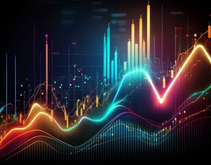 Fototapeta premium Graph stock market with rising candlesticks and colorful lines