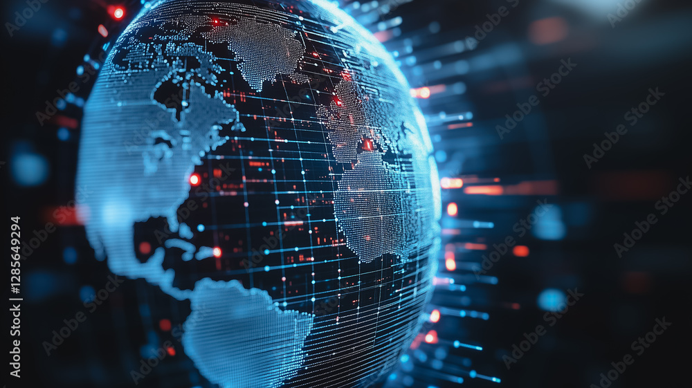 Poster digital world: a globe intertwined with digital data streams, suggesting interconnectedness and tech