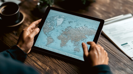 World Map on Tablet: Hands hold a tablet displaying a detailed world map, suggesting global connection and data analysis. Perfect for themes of exploration, planning, or international business.