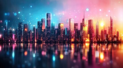 Fototapeta premium Vibrant Cityscape at Sunset Glowing Skyscrapers Reflecting on Water Modern City Architecture