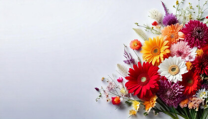 Creative floral arrangement of vibrant flowers in a whimsical design on a crisp white background.