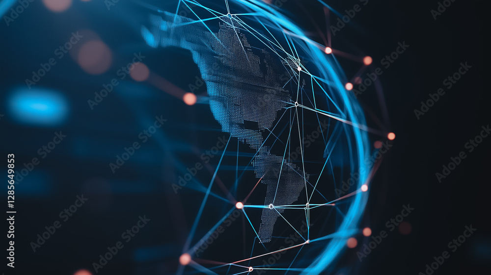 Poster global connectivity: a digital representation of the globe is overlaid with a network of interconnec