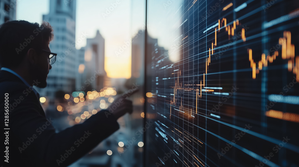 Poster analyzing market trends: a focused analyst in a modern office meticulously reviews real-time market 