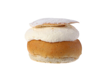 Swedish traditional cream semla, a shrove bun isolated on white background.