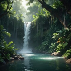 Enchanting waterfall hidden deep within dense jungle foliage, crystal clear water, secret oasis, tropical rainforest, dense vegetation, natural habitat