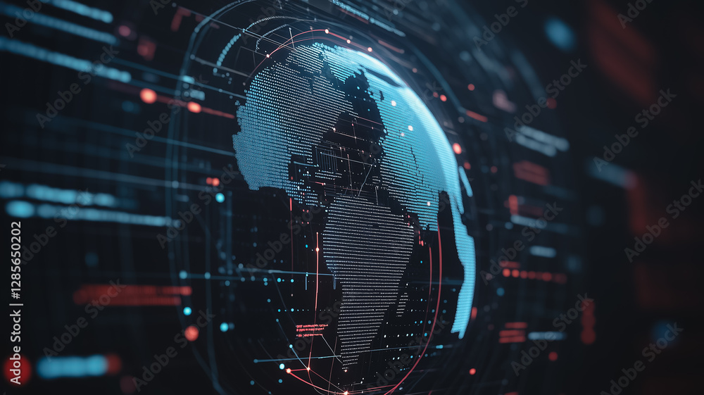 Poster global tech fusion: a digital depiction of earth immersed within a network of interconnected data st
