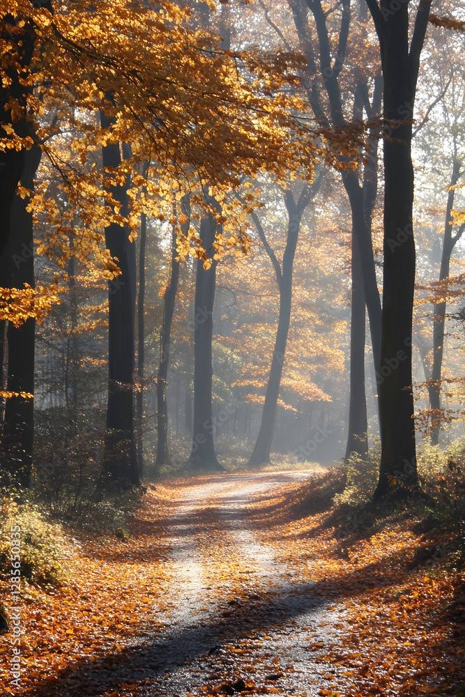Aufkleber Serene Autumn Forest Path with Golden Leaves and Tall Trees in Soft Light : Generative AI