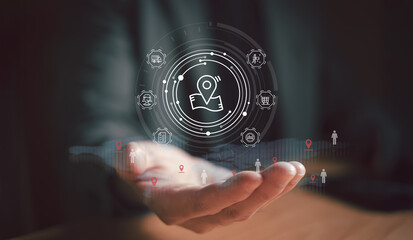 Business person point and manage online e-commerce business automation logistic supply chain in online dashboard. Global worldwide logistic management for online shopping with warehouse inventory.