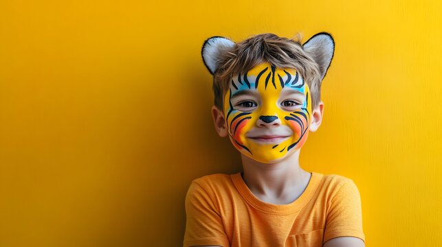 Happy child with tiger face paint on yellow background fun boy art kid cute smile orange animal