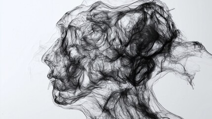 Digital Brain Interconnected Concept. Abstract profile of a face created with swirling black lines.