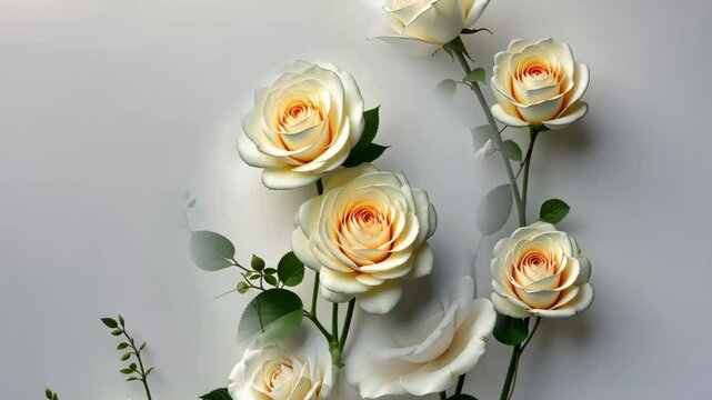 A bouquet of white roses is arranged in a vase. The roses are in various sizes and are placed in a row