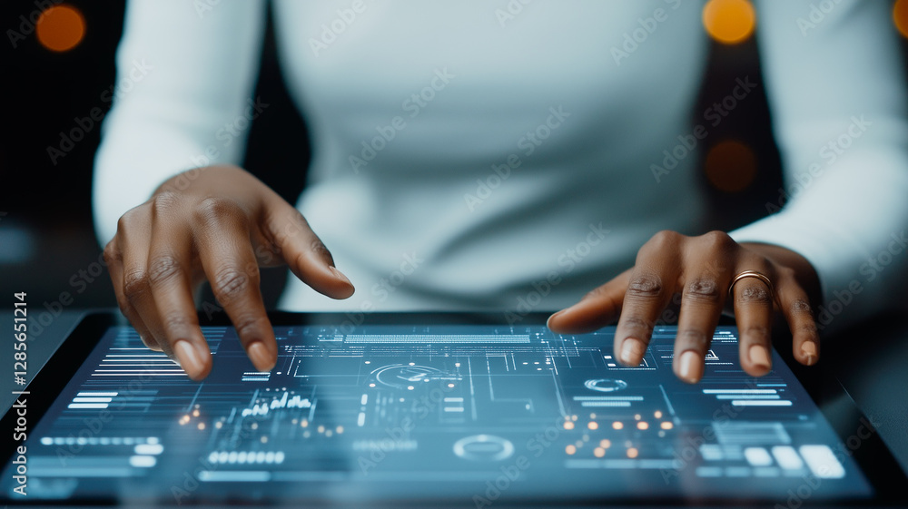 Poster digital interface: a close-up view features a person interacting with an advanced digital interface,