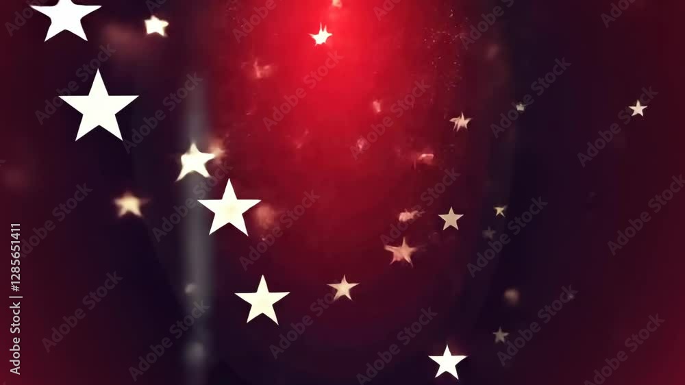 Poster A red background with a bunch of stars hanging from the ceiling. The stars are all different sizes and are scattered throughout the image