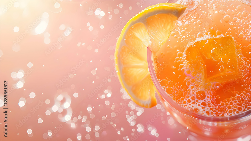 Poster refreshing citrus beverage with ice and a slice of orange against a soft bokeh background