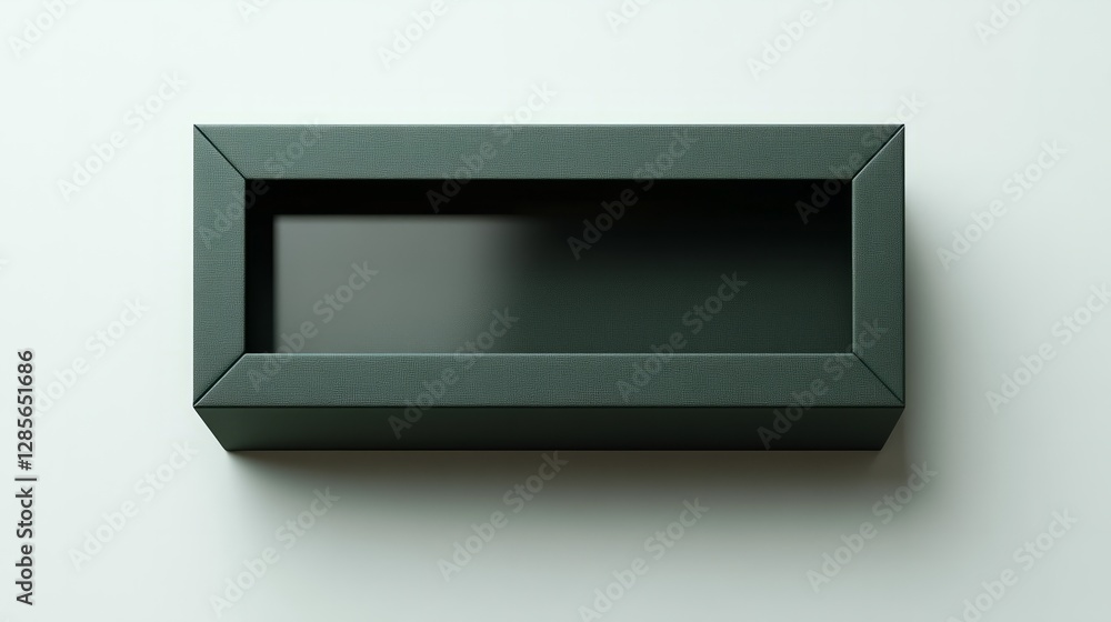 Poster a dark green hanger box with a transparent rectangular window, sleek design with soft shadows, white
