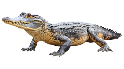 Fototapeta premium Majestic large alligator viewing from above on a clean white surface in natural habitat