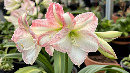 Obraz premium Beautiful Pink and White Amaryllis Flowers in a Greenhouse Setting