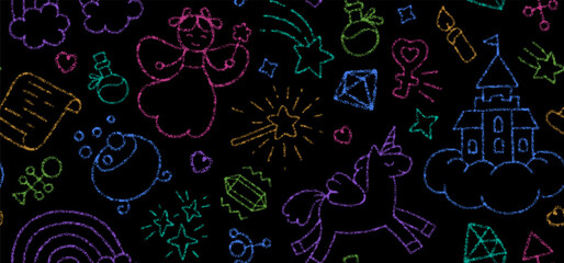 Magic seamless pattern drawn with color chalk on school blackboard. Hand drawn background with doodle fairy, magic wand, unicorn, rainbow and castle drawn with crayon pencils, vector illustration