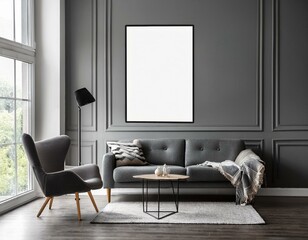 Grey living room interior with sofa and armchair, window and mockup poster