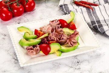 Salad with baby octopus and avocado