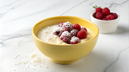 Vanilla semolina pudding with fresh raspberries and powdered sugar, delicious and creamy dessert, light and healthy sweet treat for food blogs, breakfast ideas, and culinary photography