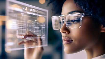 Visionary Data: A focused woman in glasses, deeply engrossed in a futuristic data interface, suggesting innovation and analytical power.