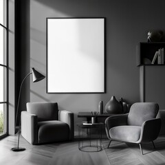 Grey living room interior with sofa and armchair, window and mockup poster
