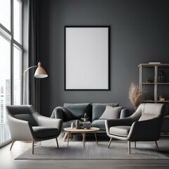 Grey living room interior with sofa and armchair, window and mockup poster