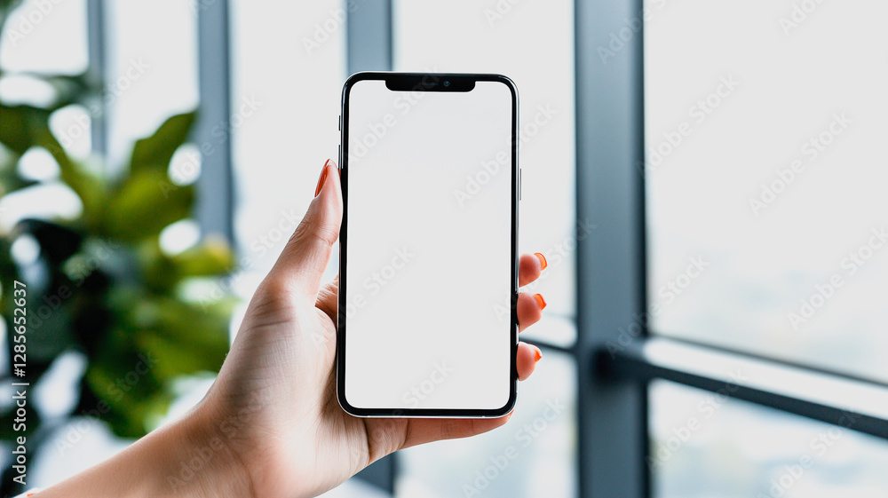 Poster modern communication: a person's hand cradles a sleek smartphone, showcasing the device's minimalist