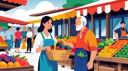 Fresh Produce Market Scene with Vendors and Shoppers