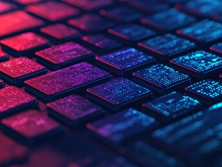 A close-up view of a colorful keyboard, featuring illuminated keys in vibrant shades of blue and purple, creating a tech-inspired aesthetic.