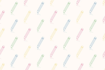 Outline seamless pattern with pencils. Back to school concept, education. Children supplies, office stationery texture. Seamless pattern with color drawing pencils with eraser, vector illustration