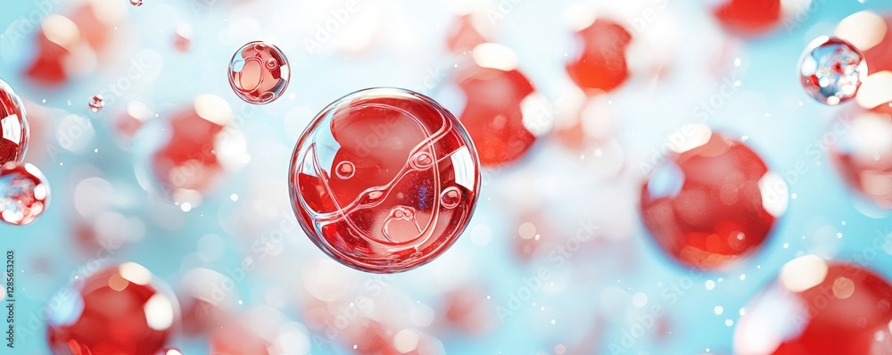 Poster red liquid bubbles abstract background shiny spheres floating in blue water science technology conce