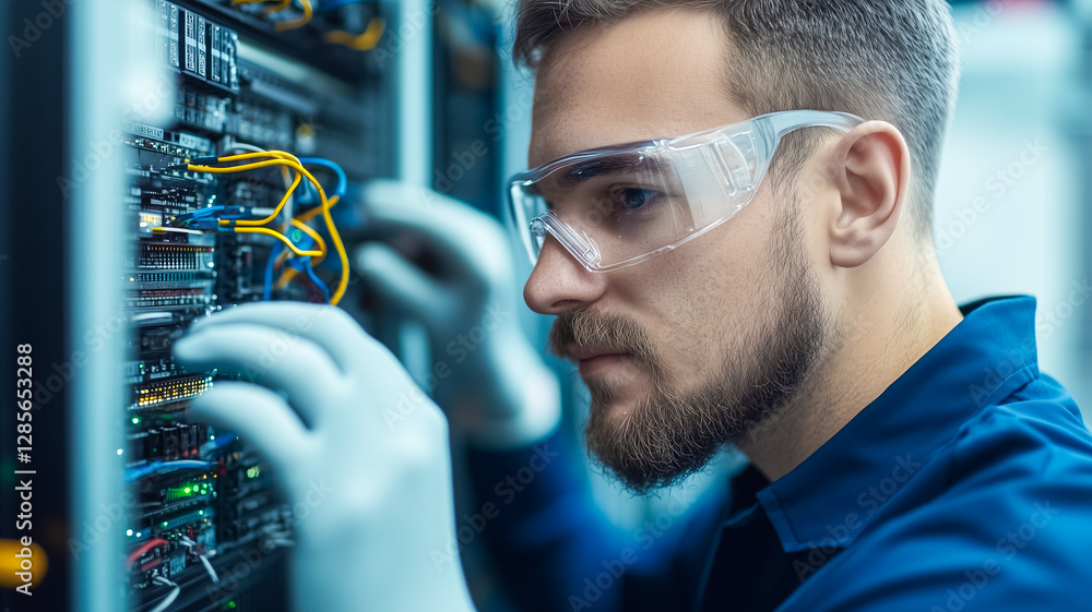 Poster server technician at work: a focused technician, clad in safety glasses and gloves, meticulously ins