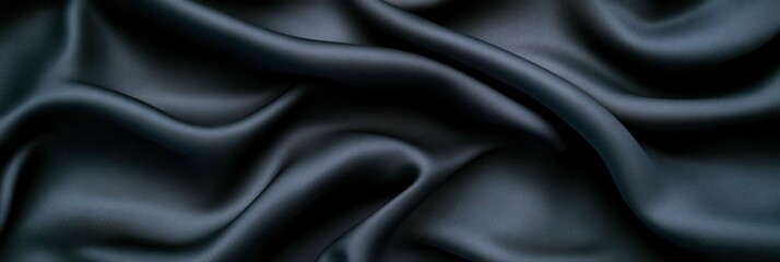 Luxurious Black Satin Fabric with Soft Waves and Subtle Shimmering Texture