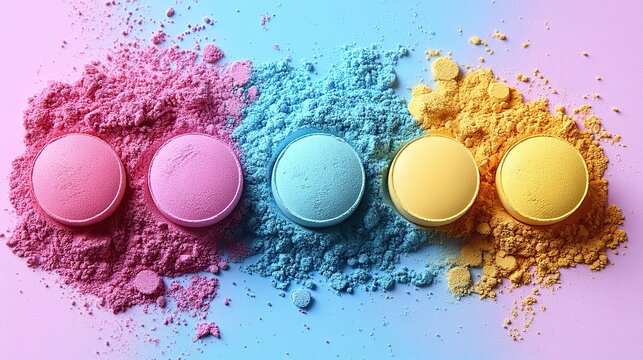 Pink powder makeup, pills, yellow and green powders create a vibrant and colorful arrangement on a blue and pink background