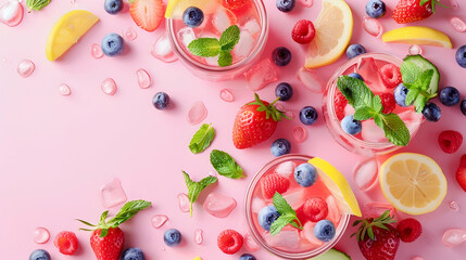 Refreshing summer drinks with berries and mint on a pink background, ideal for party themes