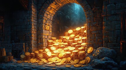 Pixel art gold coins stacked in a dark setting create a nostalgic and treasure-filled atmosphere, reminiscent of classic video games