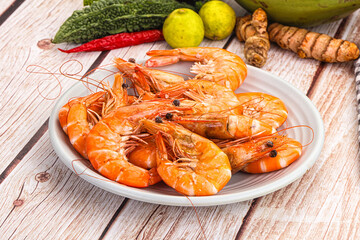 Tasty hot big boiled prawns