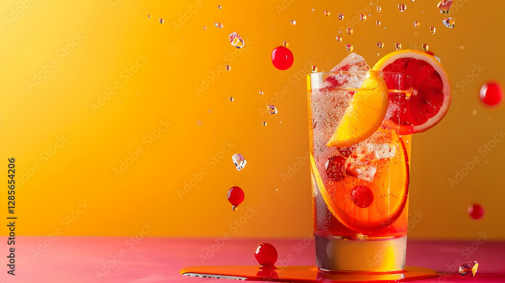 Poster refreshing cocktail with citrus fruits and berries splashing in vibrant background setting