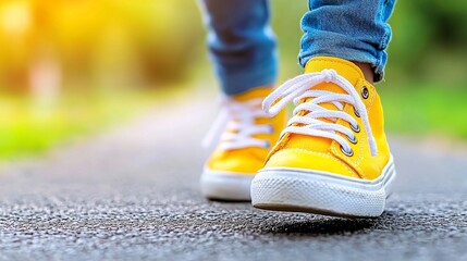 A person wearing yellow shoes walking down a road